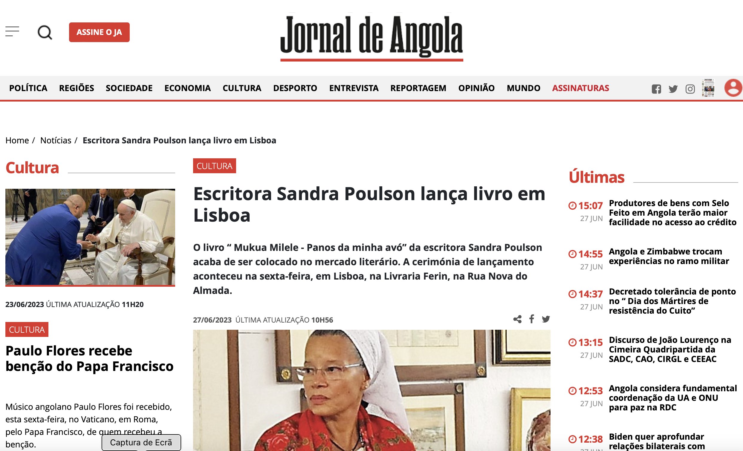 Jornal de Angola informa que escritora Sandra Poulson lançou livro em Lisboa