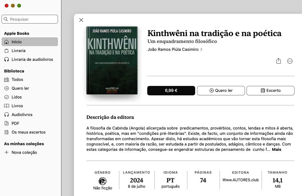 Apple Books: está disponível eBook do livro “Kinthwêni na tradição e na poética”