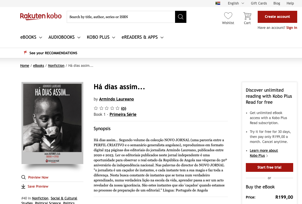 Kobo.com — África do Sul e Índia com acesso imediato ao livro de editoriais “Há dias assim…”