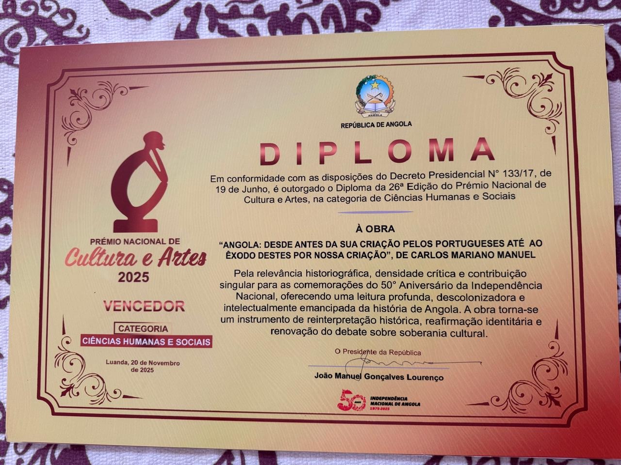 50 Anos de República de Angola: A Ciência e a História iluminam o Prémio Nacional de Cultura e Artes