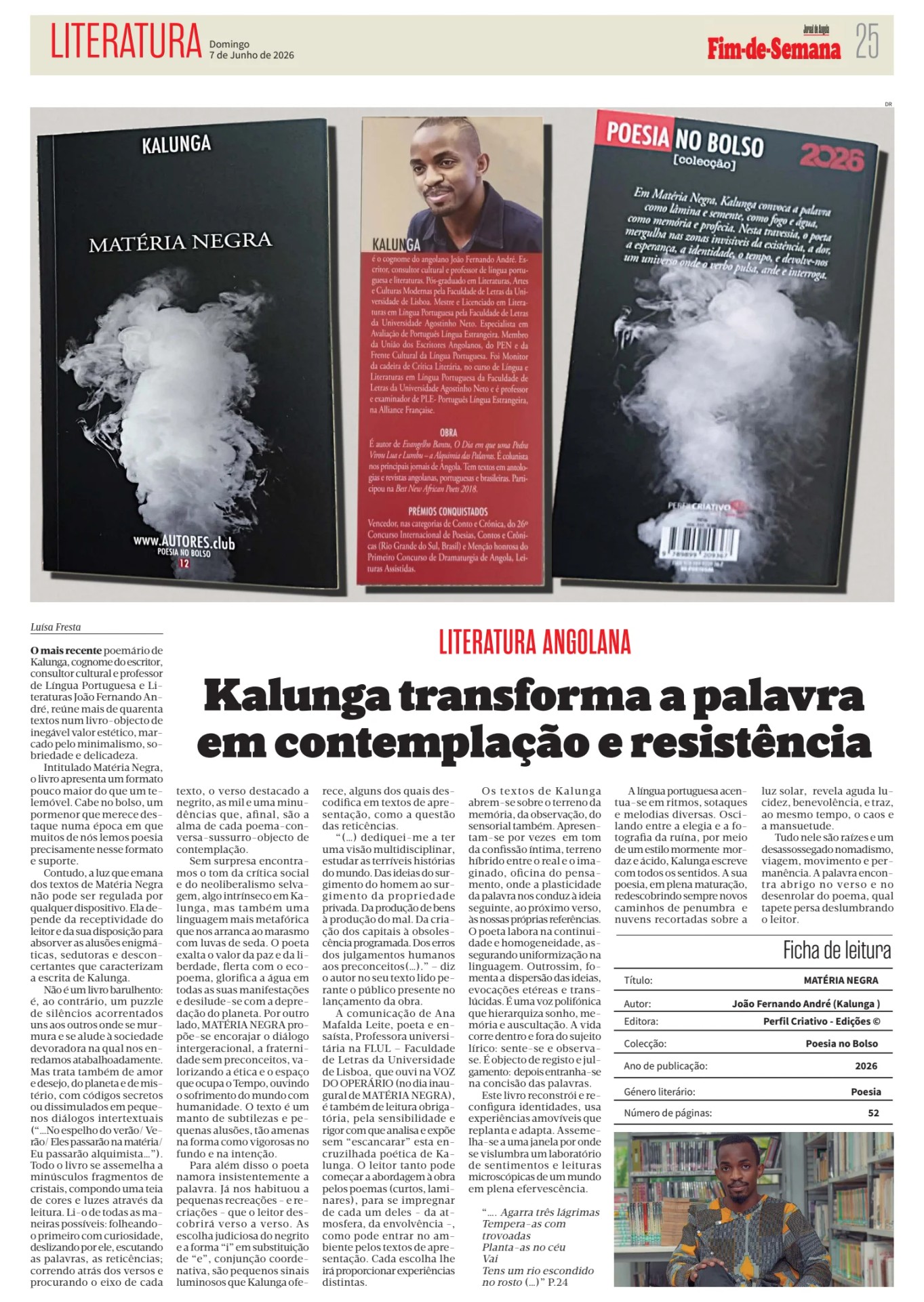 Jornal de Angola destaca a poesia de Kalunga no dia da sua apresentação na Feira do Livro de Lisboa