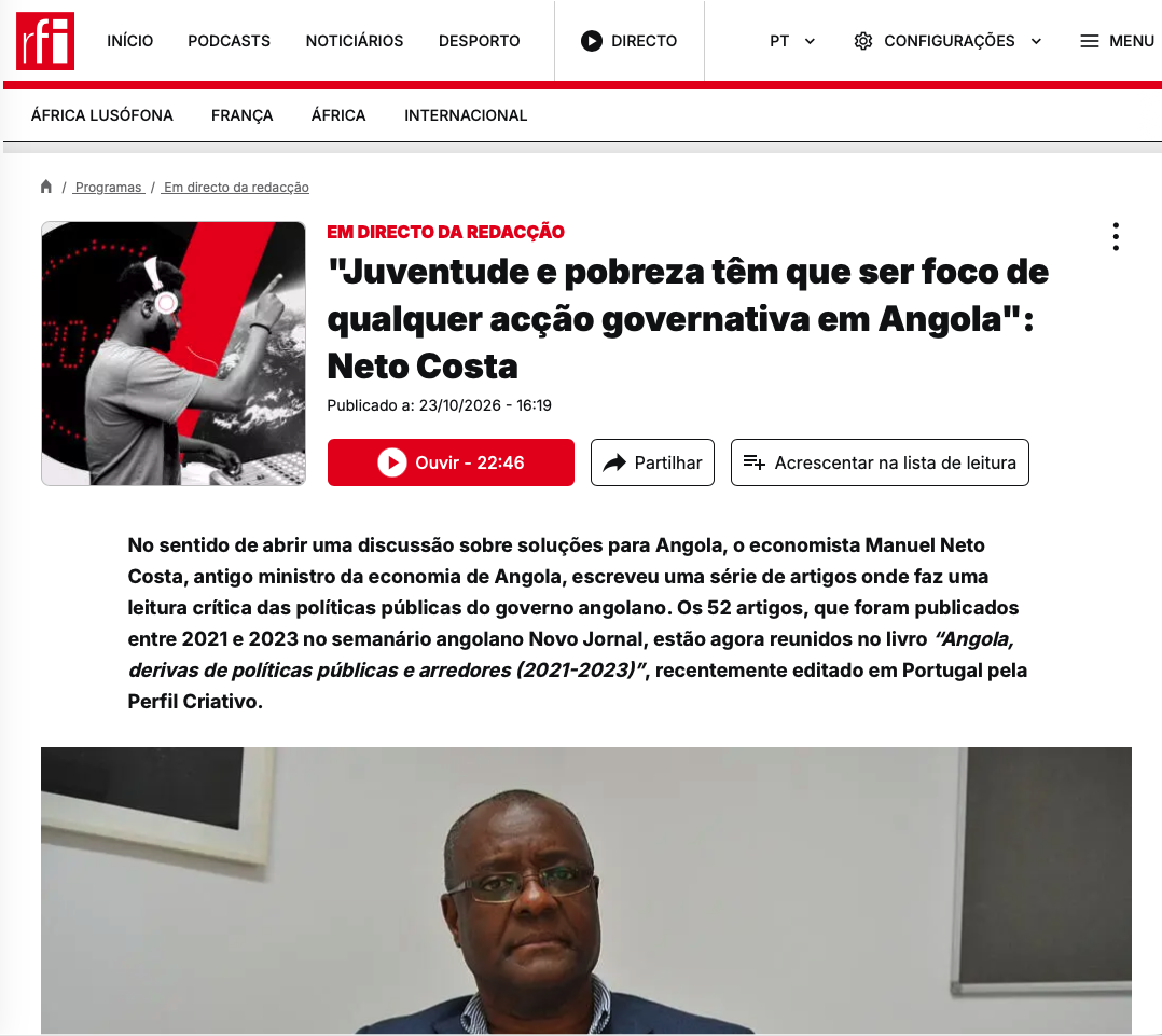 Juventude e pobreza: Neto Costa aponta as prioridades de Angola em entrevista à RFI